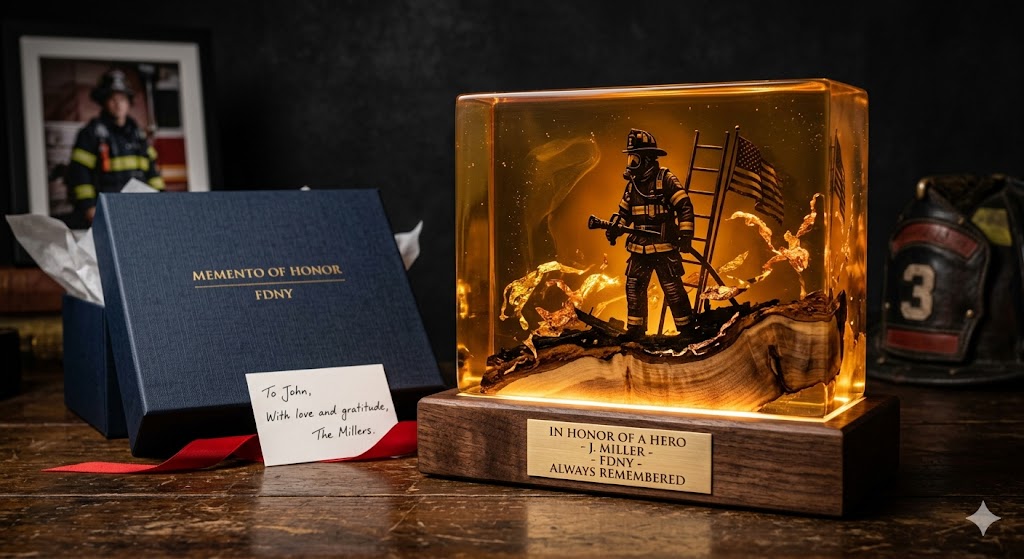 Firefighter Tribute Lamp — Handcrafted Resin Wood LED
