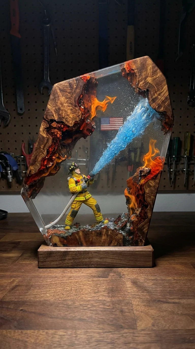 Firefighter Tribute Lamp — Handcrafted Resin Wood LED